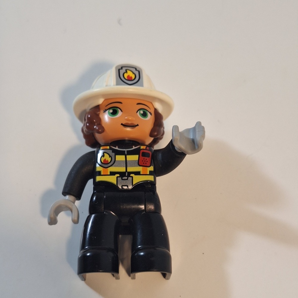 Lego Duplo Figure Woman Fireman‎ white hat (fire on hat) black uniform
